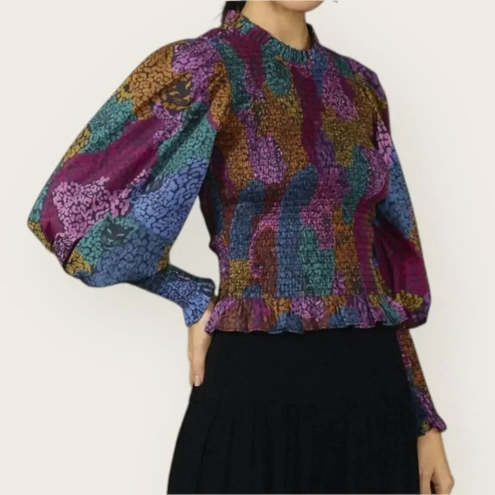 FARM RIO Leopard Rainbow Mix Blouse Smocked Ruffle Boho Cottagecore Glam Indie